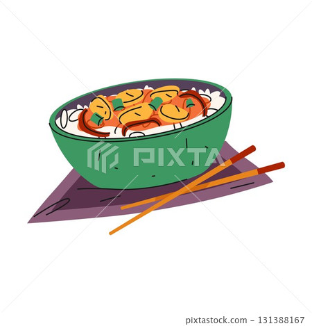 Chinese fried rice or Asian food. Vector stir-fry dish with vegetables and egg. Traditional China cuisine with sticks icon. Sign for restaurant menu or recipe. Meal for celebration. Spicy nutrient. 131388167