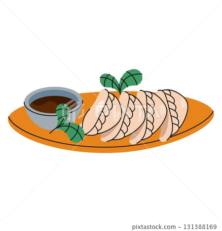 Vector Chinese dumplings or traditional China food. Steamed gyoza or fried jiaozi with soy sauce. Dough wrapper for meal. Dish for festive or meal for celebration. Asian dish or cuisine. Culinary. 131388169