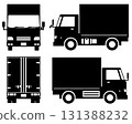[Revised version] Black and white silhouette of a truck (van body type) seen from the front, back, and side 131388232