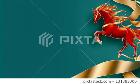 Red horse illustration with golden ribbon on teal background for Chinese New Year celebration Red horse illustration with golden ribbon on teal background for Chinese New Year celebration 131388300
