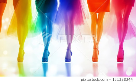 Colorful fashion display of women's legs in vibrant heels with flowing skirts and dynamic background 131388344