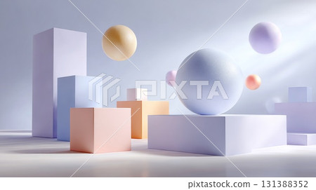 Minimal abstract background featuring floating spheres and geometric shapes in soft pastel colors 131388352