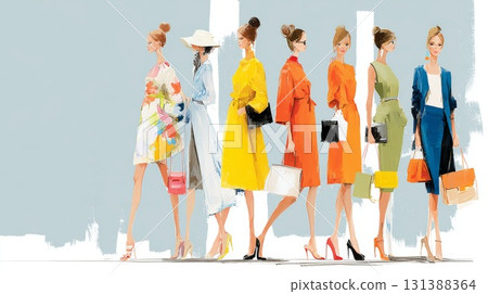 Fashion illustration featuring diverse models showcasing vibrant outfits and stylish accessories 131388364