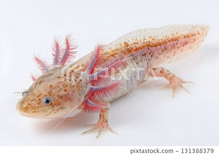An axolotl with pink frills on its head is resting on a white background. 131388379
