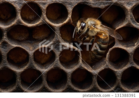 A bee sits within its honeycomb home. 131388391
