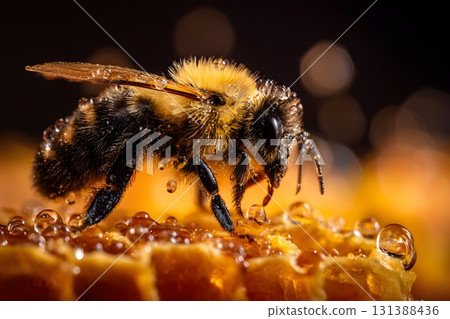 A bee sits on wet honeycomb with many drops of water. A bee sits on wet honeycomb with many drops of water. 131388436
