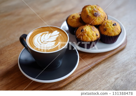 A cup of coffee with latte art sits beside muffins ready for American breakfast. 131388478