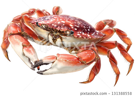A red crab stands on a white background with its legs spread wide. 131388558