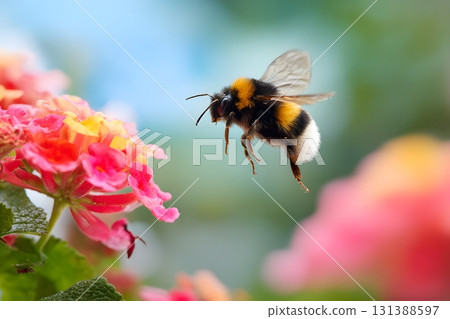 A bee flies towards pink flowers collecting nectar for honey and honeycomb. 131388597