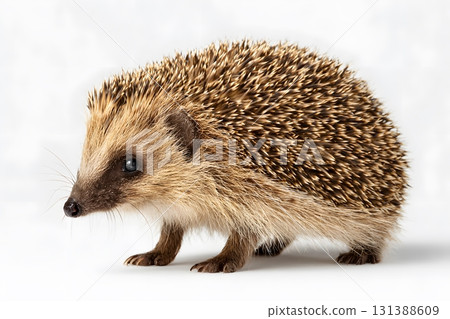 A small hedgehog walks alone on a white background. 131388609