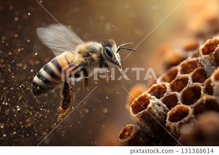A bee flies toward a honeycomb collecting honey. 131388614
