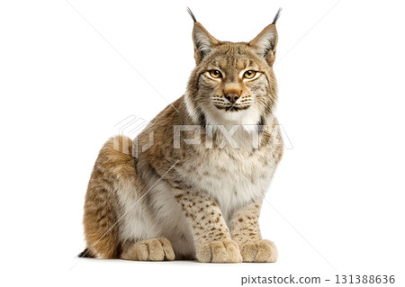 A lynx sits patiently, showing its spotted fur and ear tufts. 131388636