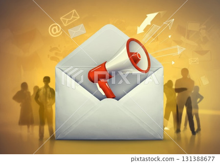Email marketing concept with envelope and megaphone, showcasing communication strategies and engagement 131388677