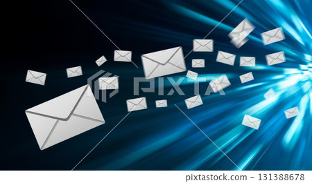 Dynamic email marketing concept with flying envelopes on a vibrant blue background 131388678