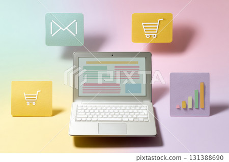 Open laptop displaying newsletter template with marketing icons and copy space for design Open laptop displaying newsletter template with marketing icons and copy space for design 131388690