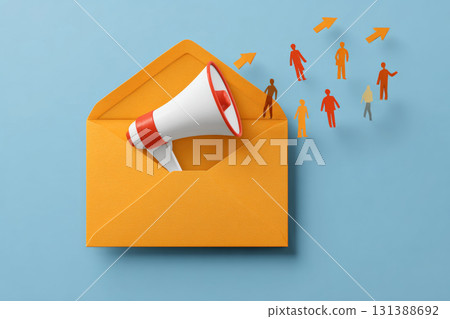 Yellow envelope with megaphone and cutout figures illustrating email marketing concept 131388692
