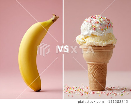 Healthy banana versus unhealthy ice cream cone on pink background showcasing dietary choices 131388843