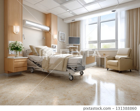 Modern hospital room featuring comfortable bed, natural light, and durable flooring design concept Modern hospital room featuring comfortable bed, natural light, and durable flooring design concept 131388860