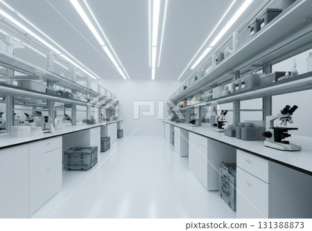 Modern laboratory flooring in medical facility with clean lines and organized workspace design 131388873