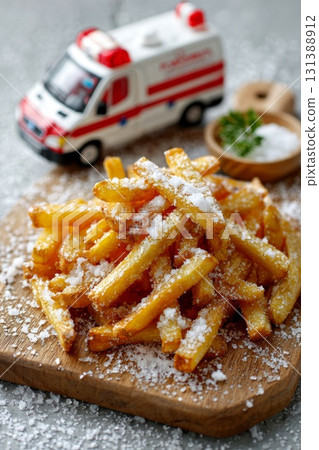 Salty french fries with toy ambulance, symbolizing danger of unhealthy fast food 131388912