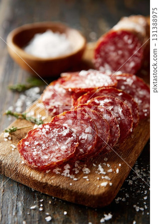 Sliced salty sausage on wooden board, concept of high sodium processed meat danger 131388975