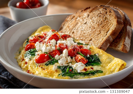 A delicious American breakfast omelet with spinach and cheese is served with toast. 131389047
