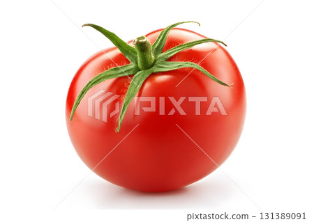 A single red tomato sits alone on a clean white background. 131389091