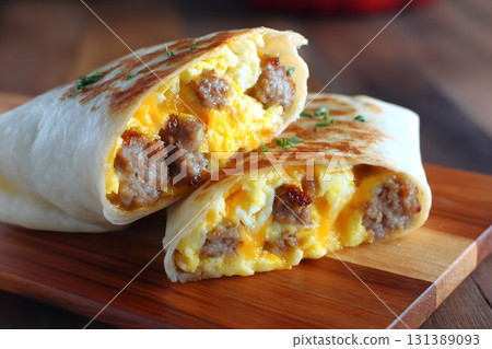 Sausage and egg breakfast burrito is served warm. Sausage and egg breakfast burrito is served warm. 131389093