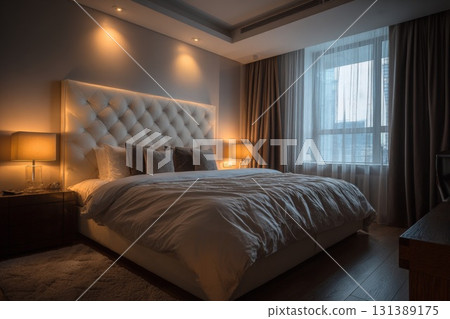 Cozy bedroom with plush bedding and soft lighting, ideal for sleep tourism experience 131389175