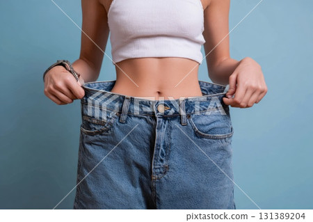 Young woman showing weight loss with oversized jeans, success in diet and fitness 131389204