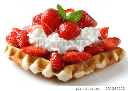 Waffle with strawberries and cream for breakfast. Waffle with strawberries and cream for breakfast. 131389222