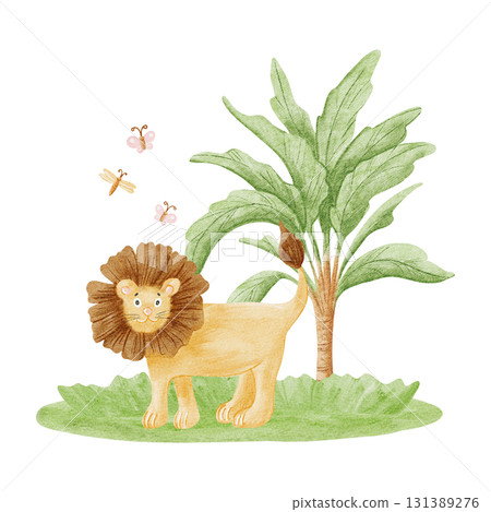 Watercolor lion in the wild child drawing illustration isolated on white, Funny friendly safari animal with palm tree, grass and butterflies for kids and children, African savannah nature clip art Watercolor lion in the wild child drawing illustration isolated on white, Funny friendly safari animal with palm tree, grass and butterflies for kids and children, African savannah nature clip art 131389276
