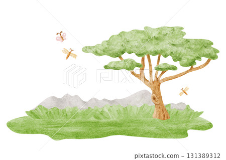 African umbrella acacia tree on green grass lawn with mountains watercolor illustration isolated on white. Savanna landscape clip art for kids safari designs. Colorful nature in childish drawing style 131389312