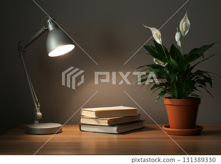 Desk plant decor with lamp and stacked books creating a cozy workspace atmosphere 131389330
