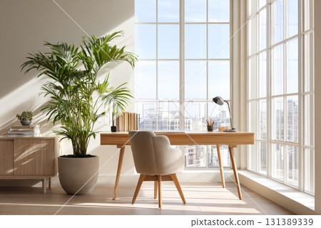 Desk plant decor in modern office space with large windows and natural light enhancing ambiance Desk plant decor in modern office space with large windows and natural light enhancing ambiance 131389339
