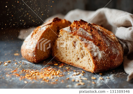 Freshly baked artisan bread with flour dust and rustic cloth on dark wooden surface 131389346