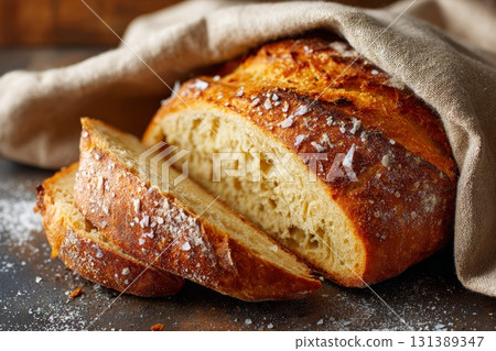 Freshly baked artisan bread loaf with crusty exterior and soft interior on rustic table 131389347