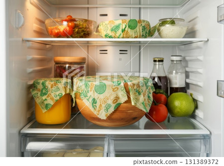 Reusable beeswax wraps covering food containers in a refrigerator with fresh produce and condiments Reusable beeswax wraps covering food containers in a refrigerator with fresh produce and condiments 131389372