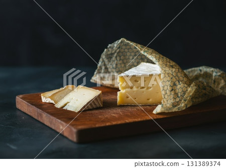 Reusable beeswax wraps showcasing cheese on wooden board with dark background for sustainable living Reusable beeswax wraps showcasing cheese on wooden board with dark background for sustainable living 131389374