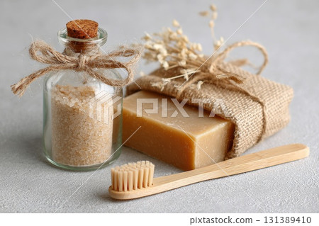 Natural bath essentials with eco-friendly packaging for a zero waste bathroom concept 131389410