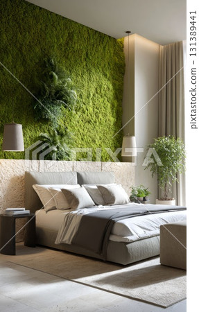 Moss wall decor enhances modern bedroom design with natural elements and soothing ambiance Moss wall decor enhances modern bedroom design with natural elements and soothing ambiance 131389441