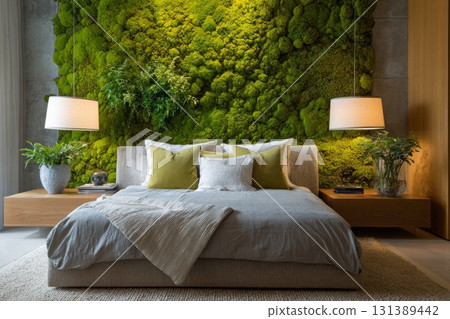 Moss wall decor enhances modern bedroom design with natural elements and soothing ambiance 131389442