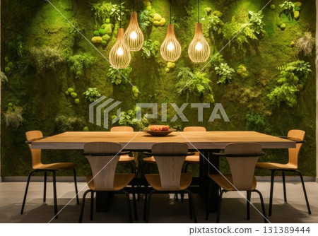 Moss wall decor in modern dining space with wooden table and stylish pendant lights 131389444