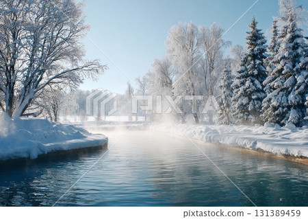 Serene winter landscape with icy river and frosted trees, embodying cold plunge therapy concept 131389459