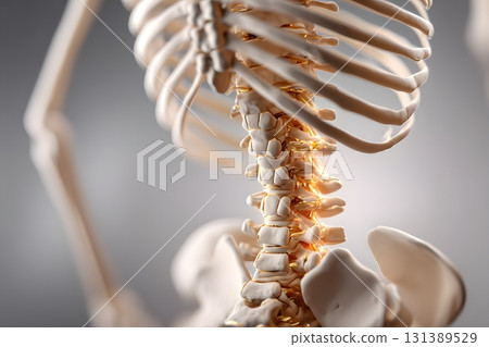 The biological anatomy of a spine showcases vertebrae forming a curve. 131389529