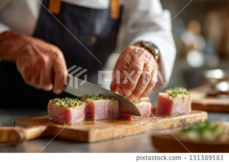 Blue Marlin Swordfish being expertly sliced by chef on wooden cutting board in kitchen setting 131389583