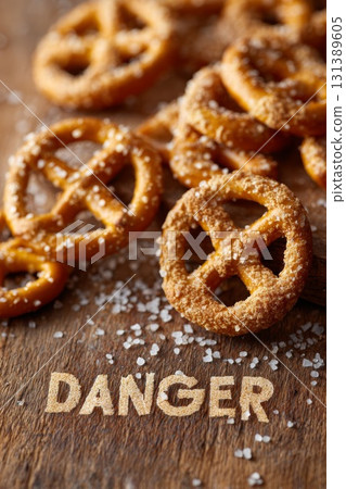 Salted pretzels with warning text symbolizing excessive salt consumption danger 131389605