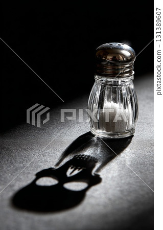 Glass salt shaker casting a skull shadow on a dark surface, symbolizing salt harm concept 131389607