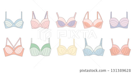 Women's Bra and Lingerie Vector Icon Set. A collection of colorful underwear fashion vector illustrations. 131389628
