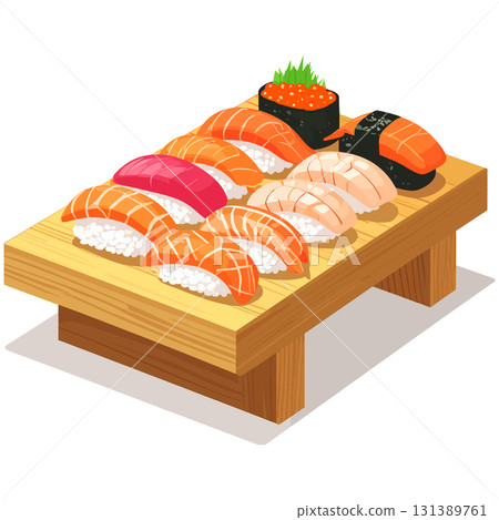 色彩繽紛的壽司拼盤讓人感受到和諧、歡樂和繁榮。 色彩繽紛的壽司拼盤讓人感受到和諧、歡樂和繁榮。 131389761